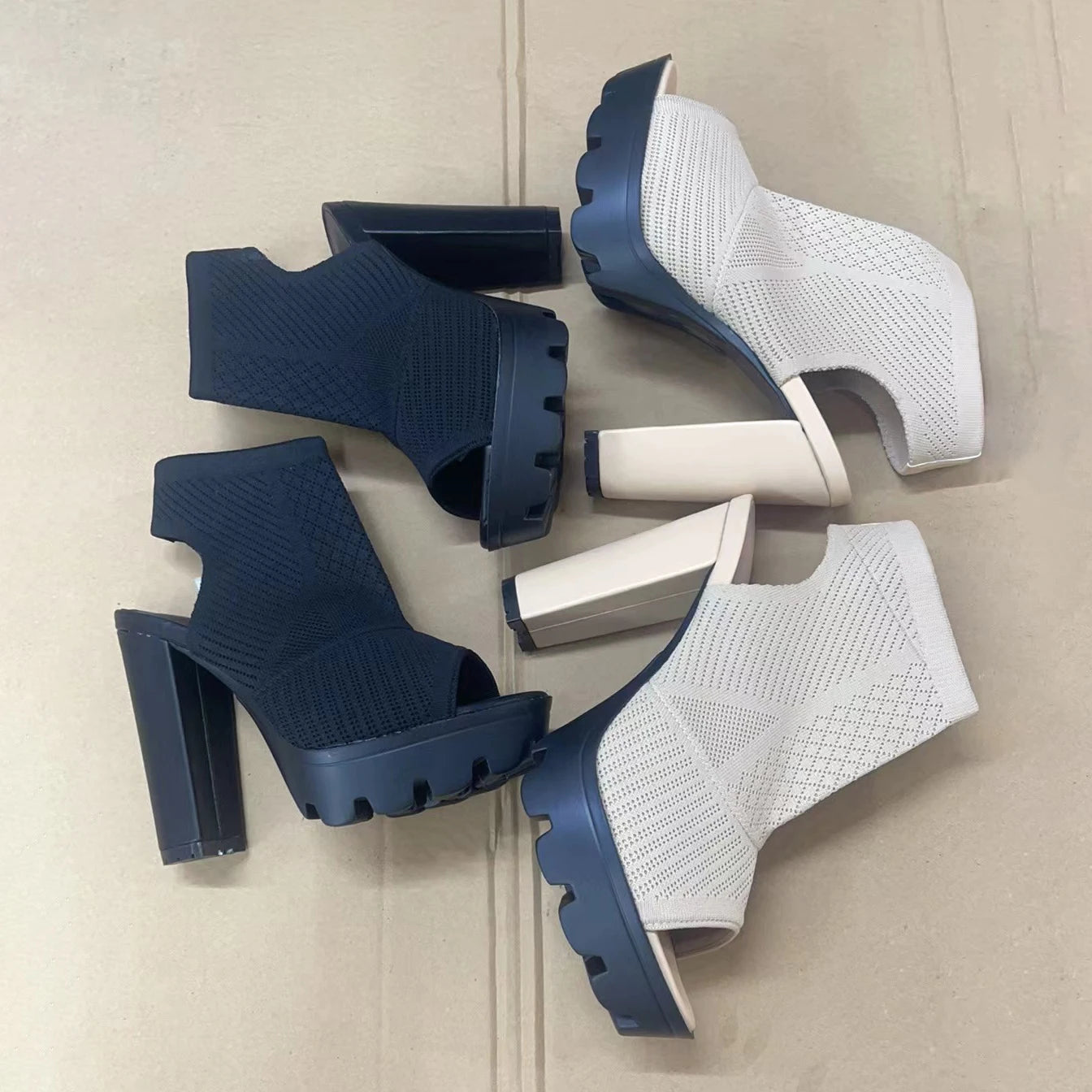 Knitted Ankle Boots - Thick Heel Platform Boots with Peep Toe