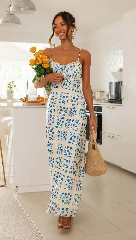 Printed Backless Maxi V-Neck Spaghetti Strap Summer Dress