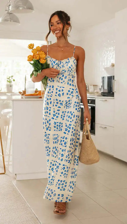 Printed Backless Maxi V-Neck Spaghetti Strap Summer Dress