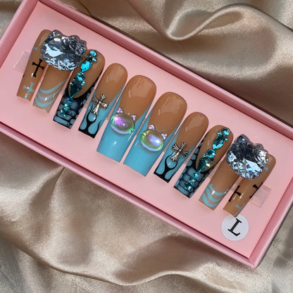 Long Square Glitter Rhinestone Press On Acrylic Nails