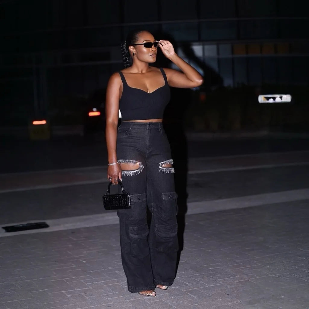 Women's High Waist Wide Leg Rhinestone Cargo Jeans - Loose Baggy Pants