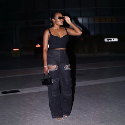 Women's High Waist Wide Leg Rhinestone Cargo Jeans - Loose Baggy Pants