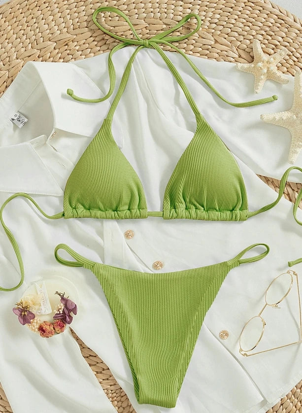 Ribbed Bikini Set with Printed Pattern - Sexy Two-Piece Swimsuit