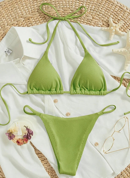 Ribbed Bikini Set with Printed Pattern - Sexy Two-Piece Swimsuit