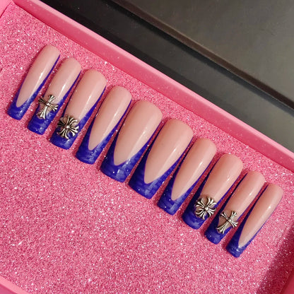 Duck Blue Press-On Nails - Oval French Tip Artificial Fingernails