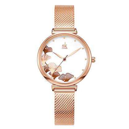 Women's Ginkgo Leaf Quartz Watch - Stainless Steel Mesh Bracelet