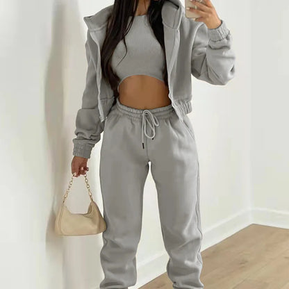 3-Piece Athleisure Set - Hooded Sweater, Tank Top & Sweatpants