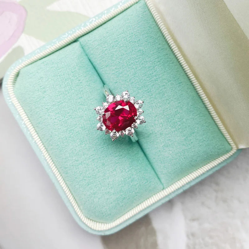 Lab-Grown Ruby Ring - Oval Cut 925 Sterling Silver Pavé Setting