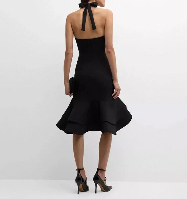 Black Halter Neck Midi Bandage Dress - Ruffle Asymmetric Hem
