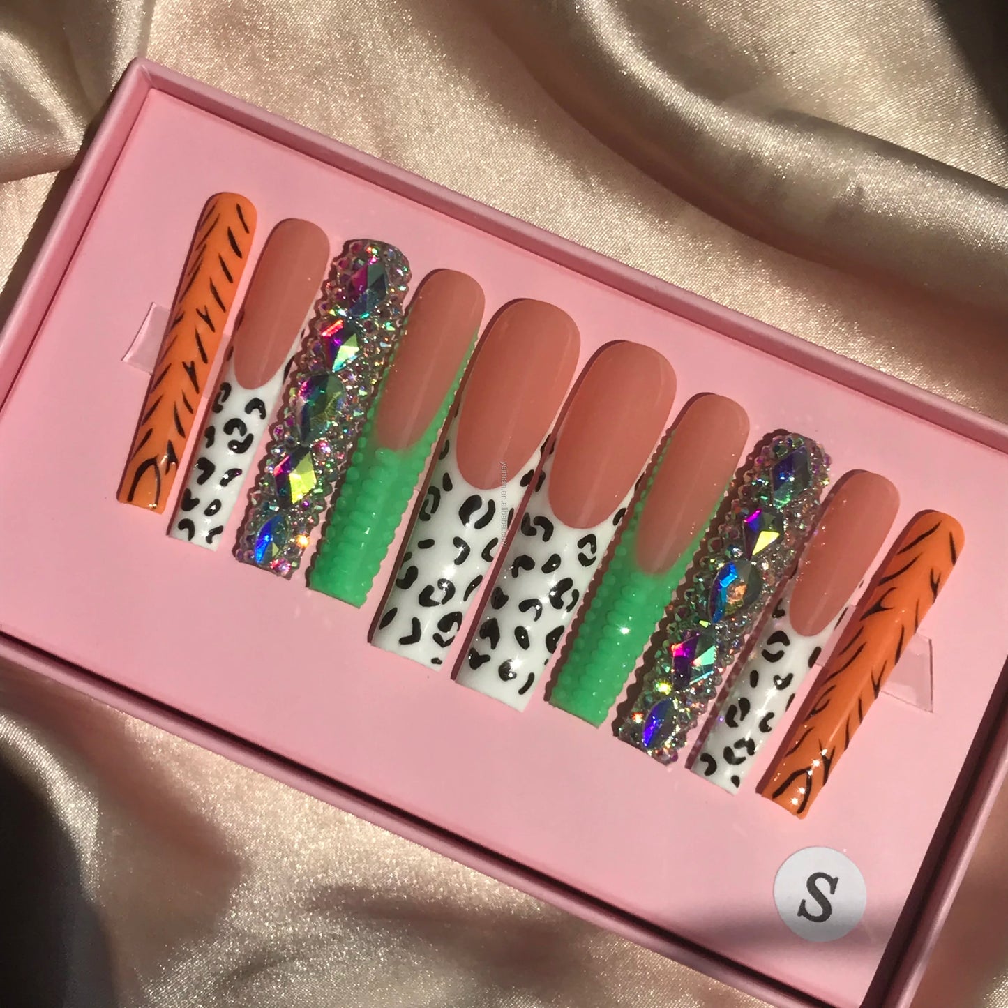 Long Square Glitter Rhinestone Press On Acrylic Nails