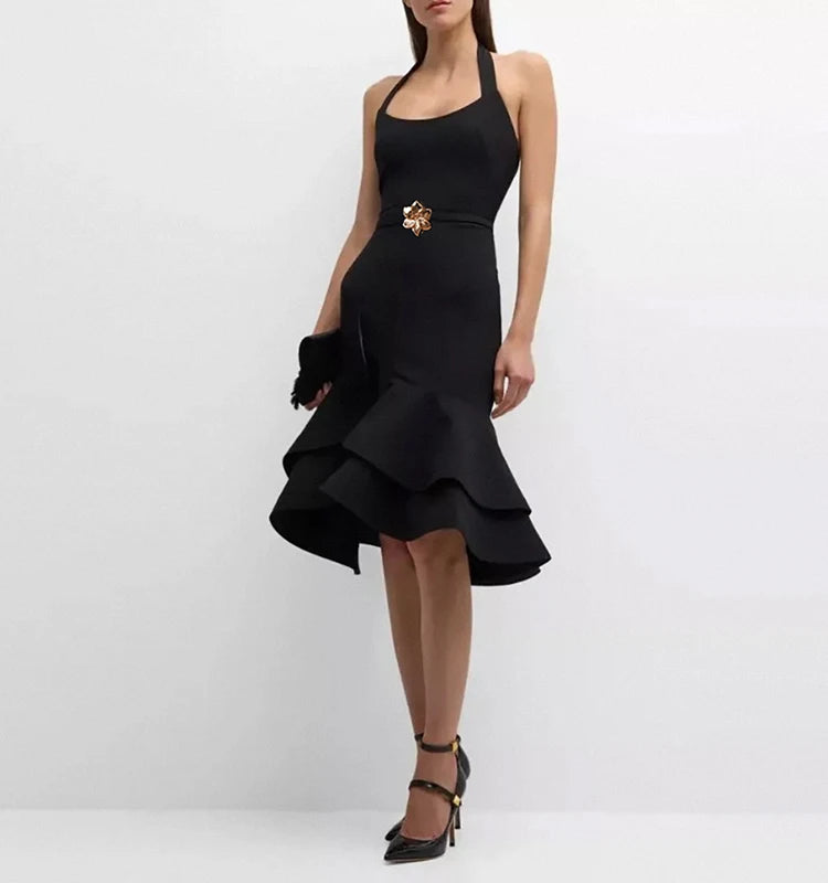 Black Halter Neck Midi Bandage Dress - Ruffle Asymmetric Hem