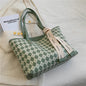 Large Plaid Designer Shoulder Handbag with Ribbon Detail