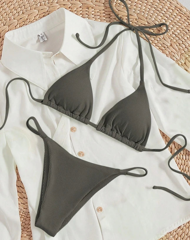 Ribbed Bikini Set with Printed Pattern - Sexy Two-Piece Swimsuit