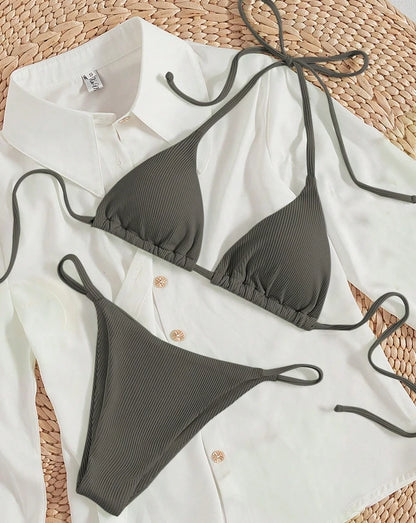 Ribbed Bikini Set with Printed Pattern - Sexy Two-Piece Swimsuit