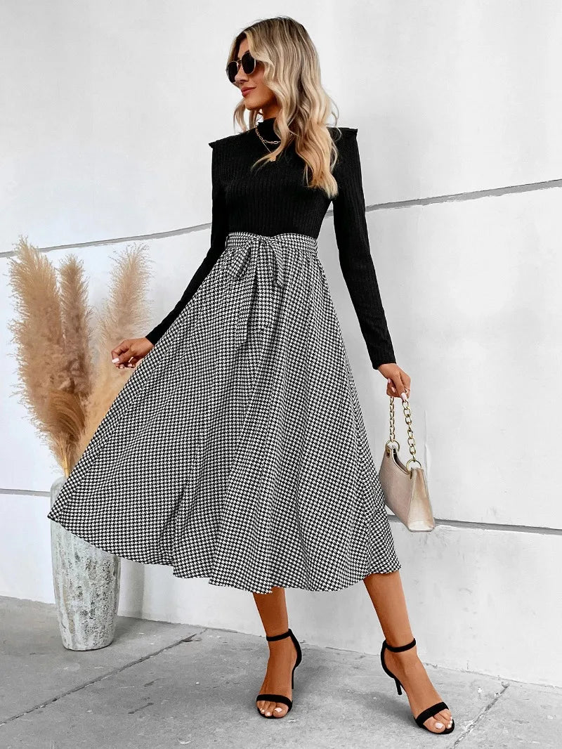 Turtleneck Sweater Dress - Houndstooth Patchwork Long Sleeve Knit Dress