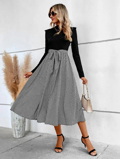 Turtleneck Sweater Dress - Houndstooth Patchwork Long Sleeve Knit Dress