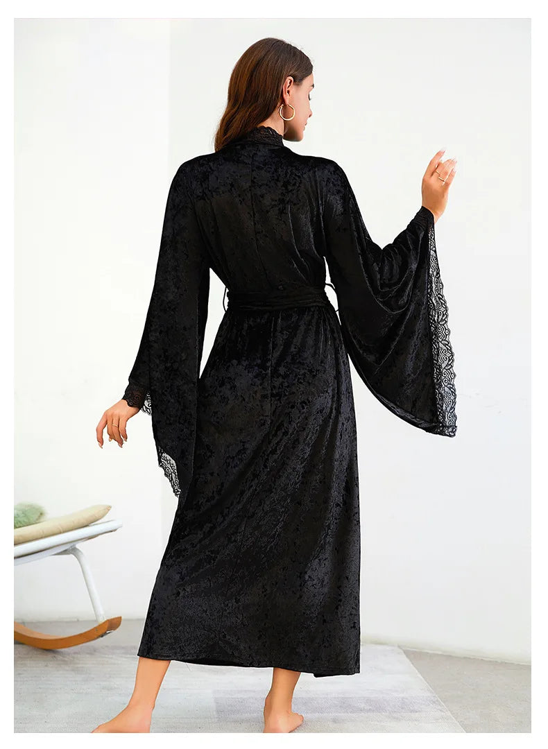 Velvet Bridal Robe - Long Sleeve Soft Bathrobe with Belt