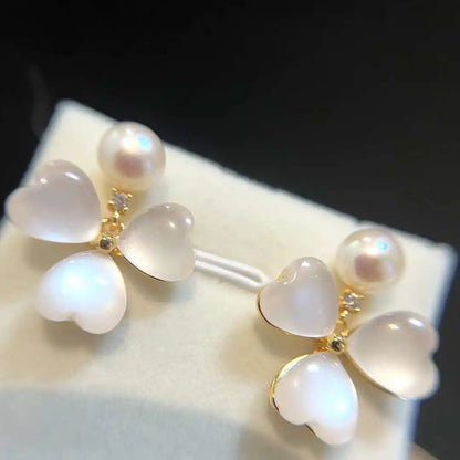 Cat's Eye Clover Freshwater Pearl Huggie Earrings