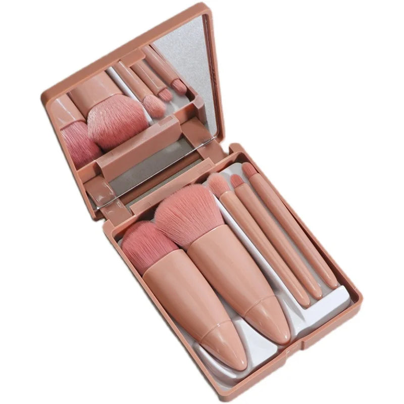 5-Piece Travel Makeup Brush Set with Mirror - Mini Cosmetic Brushes in Compact Case