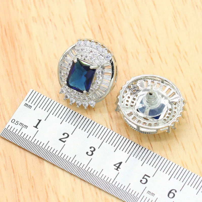 Blue Zircon Bridal Jewelry Set - 4-Piece Silver Necklace, Earrings, Ring & Bracelet