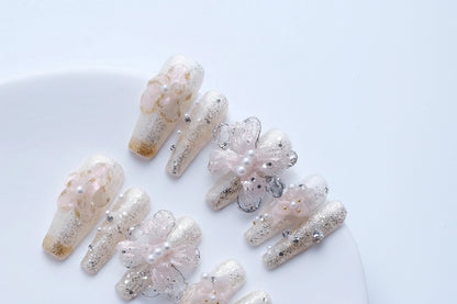 Designer 3D Lace Butterfly Press-On Nails - Extra Long Coffin Shape