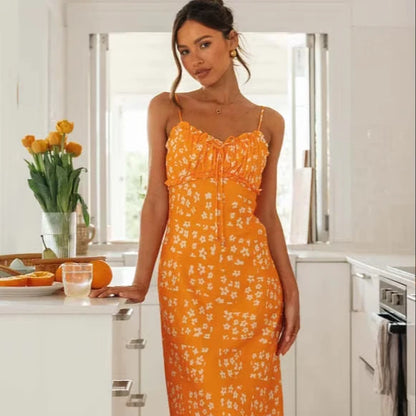 Printed Backless Maxi V-Neck Spaghetti Strap Summer Dress