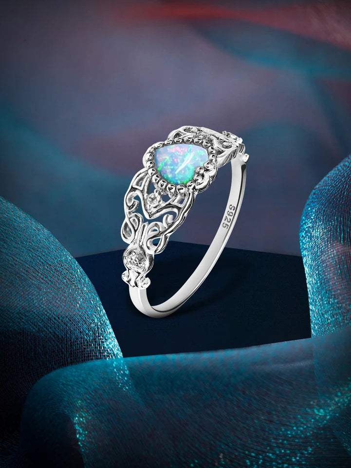 Heart Shape Opal Ring - 925 Sterling Silver Rhodium Plated