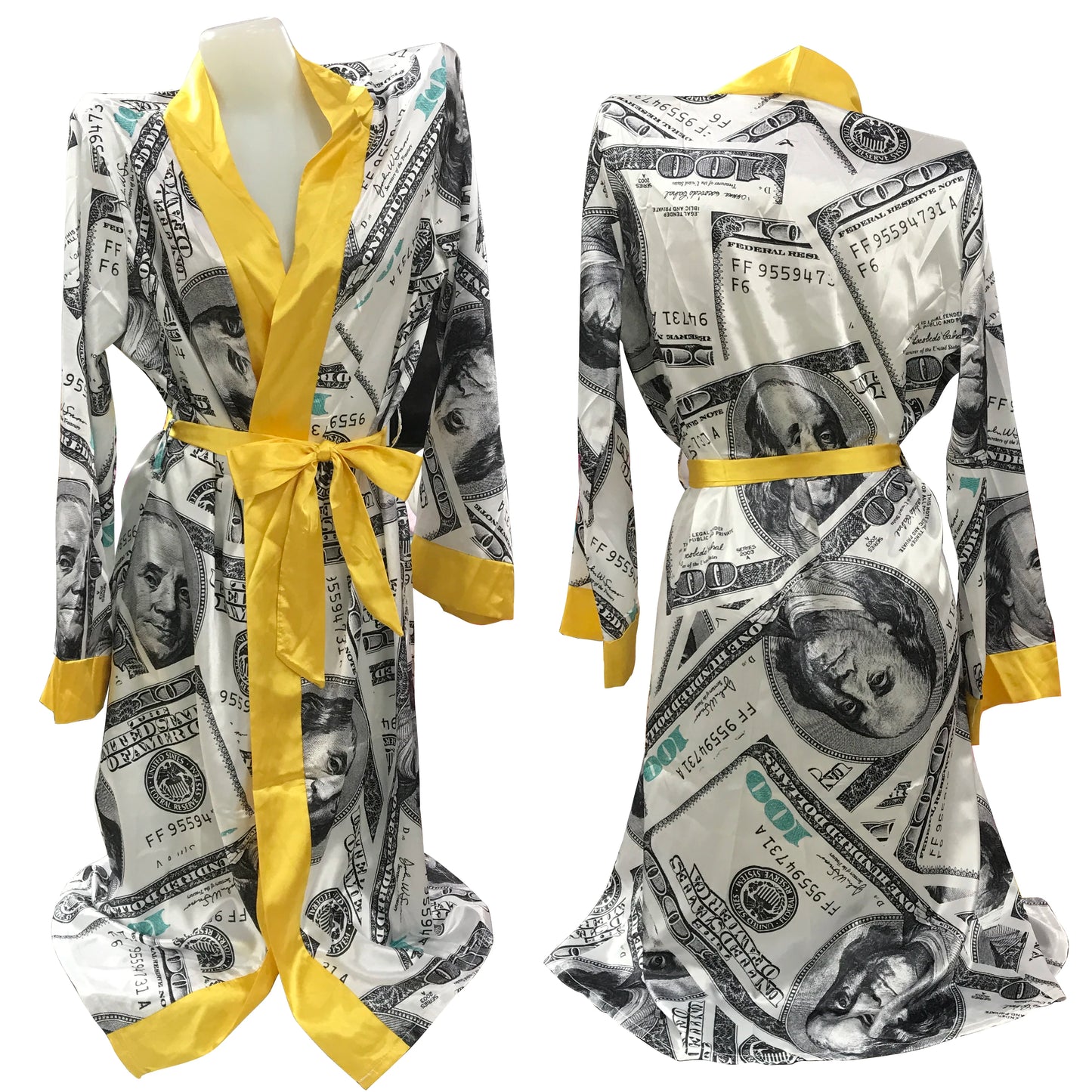 Luxury Money Print Satin Bathrobe & Sash
