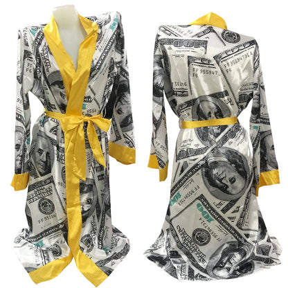 Luxury Money Print Satin Bathrobe & Sash