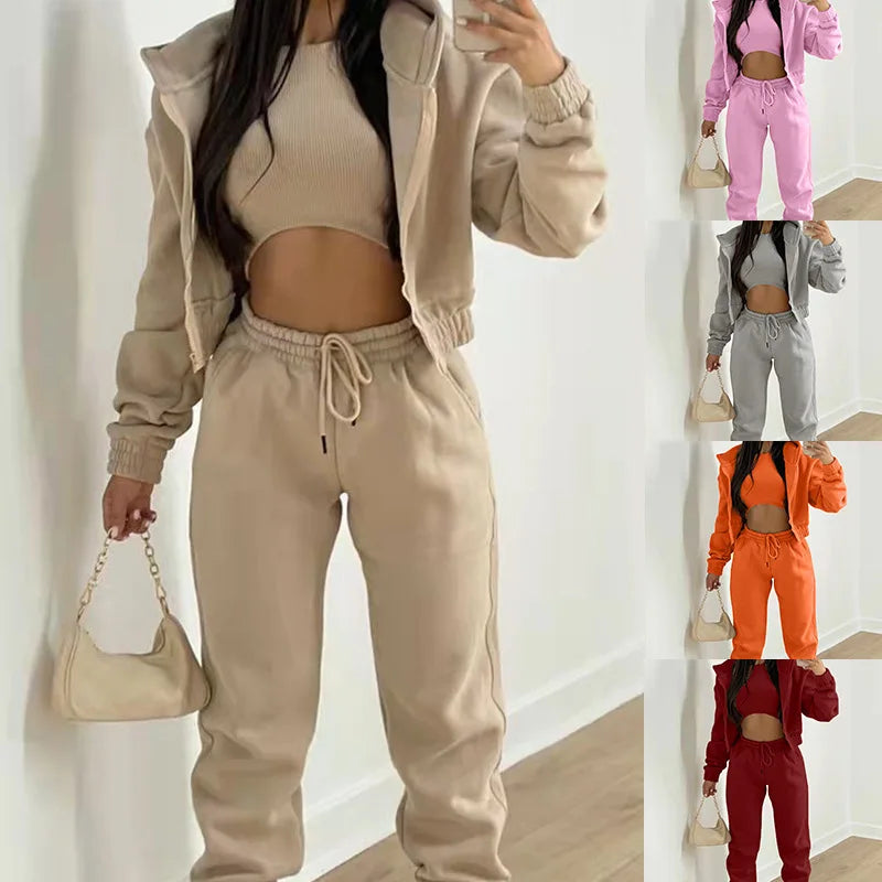 3-Piece Athleisure Set - Hooded Sweater, Tank Top & Sweatpants