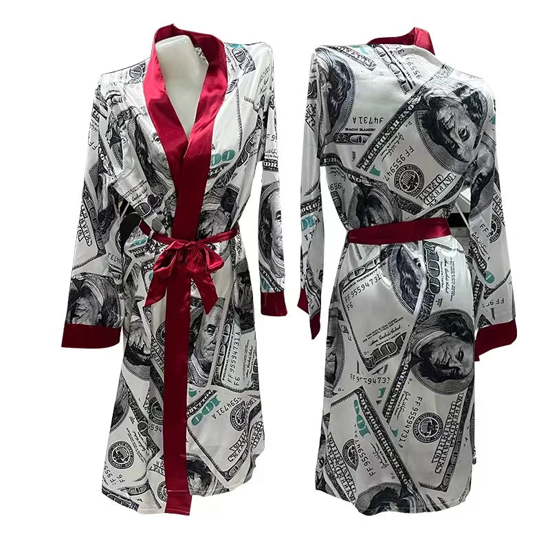 Luxury Money Print Satin Bathrobe & Sash