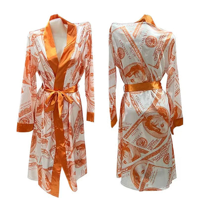 Luxury Money Print Satin Bathrobe & Sash