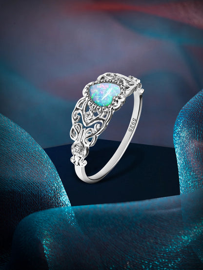 Heart Shape Opal Ring - 925 Sterling Silver Rhodium Plated