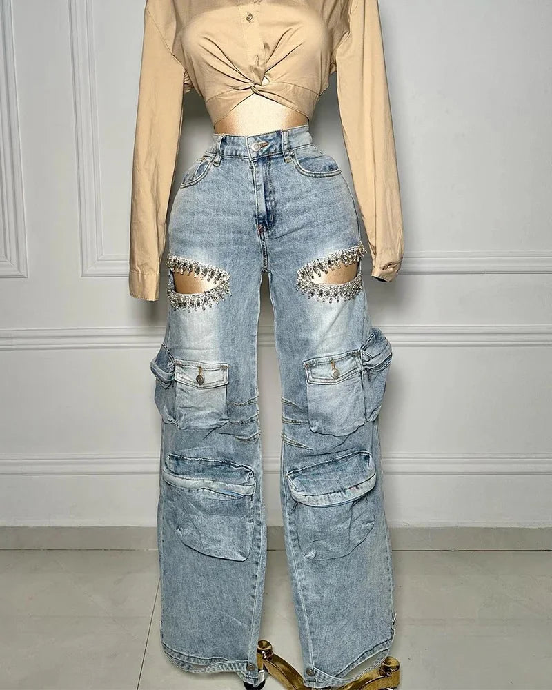 Women's High Waist Wide Leg Rhinestone Cargo Jeans - Loose Baggy Pants