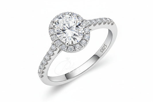 1 Carat Oval Halo Moissanite Ring - 925 Sterling Silver VVS D Grade