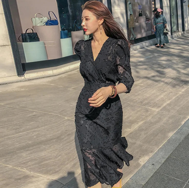 Korean Style V-Neck Chiffon Dress - High Waist Fishtail Hem