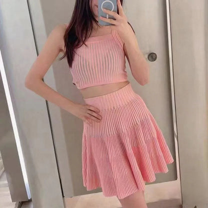 2-Piece Knit Set - Sleeveless Vest & Pleated A-Line Skirt