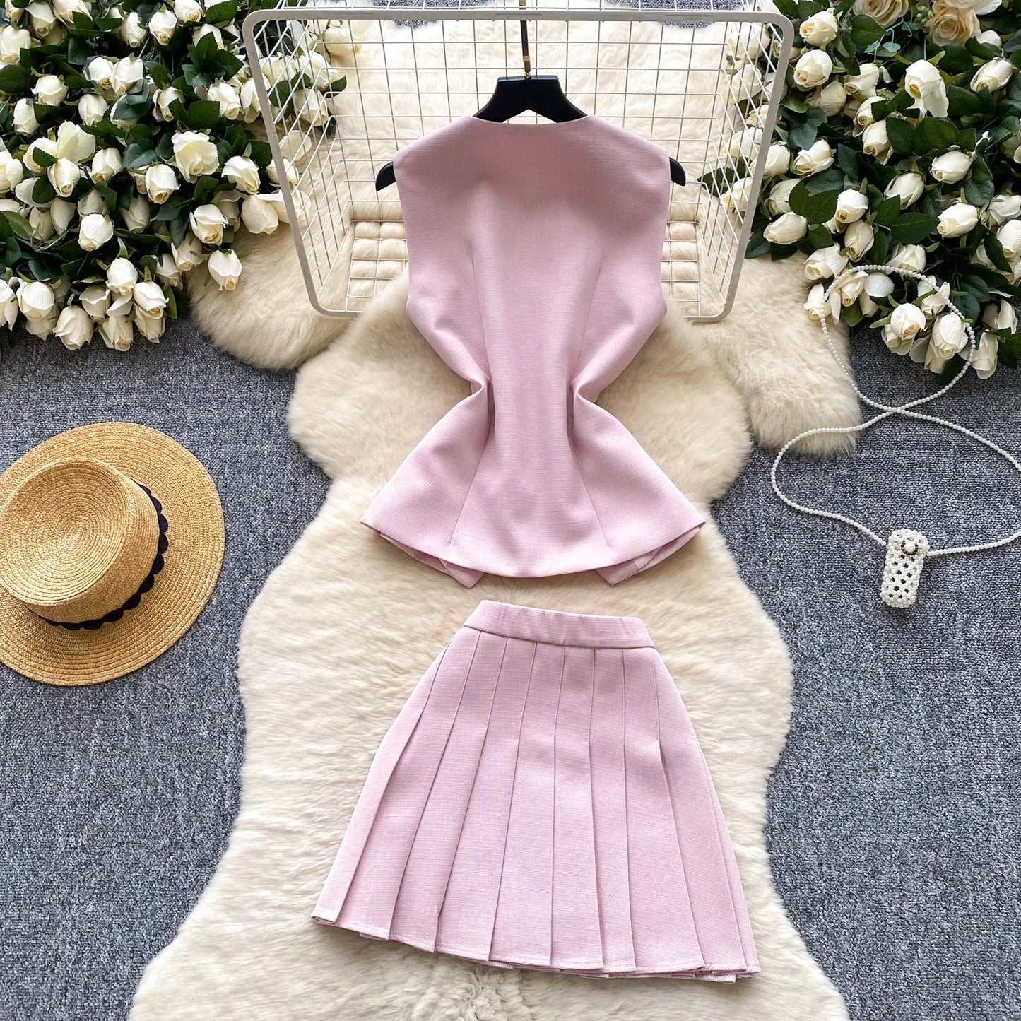 Roman 2-Piece Set - Sleeveless O-Neck Top & Skirt Outfit