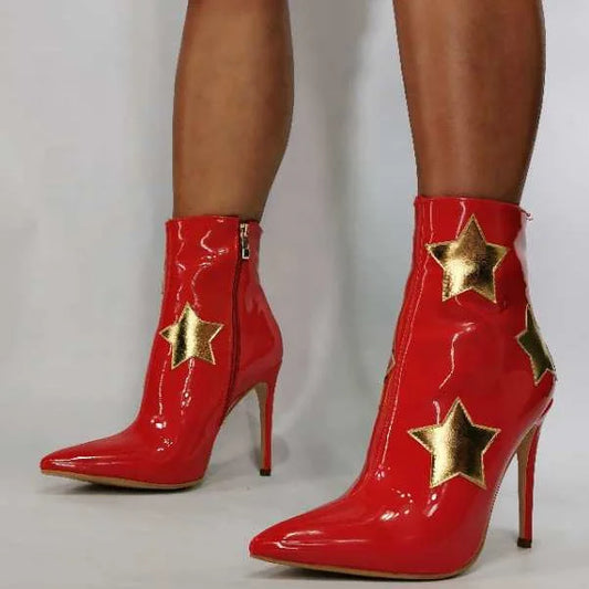 Gold Stars Print Ankle Boots - Pointed Toe High Heel Booties with Side Zipper