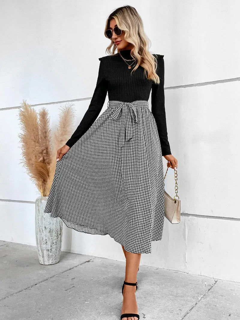 Turtleneck Sweater Dress - Houndstooth Patchwork Long Sleeve Knit Dress