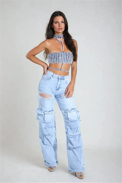 Women's High Waist Wide Leg Rhinestone Cargo Jeans - Loose Baggy Pants