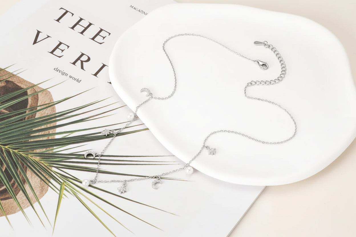 Sterling Silver Moon Star Pearl Necklace - Natural Freshwater Pearl with Cubic Zirconia