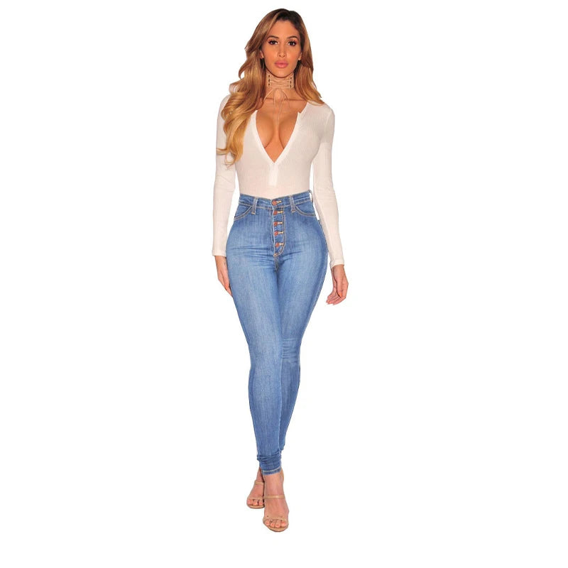 High Waist Skinny Denim Jeans - Multi-Button Slim Fit