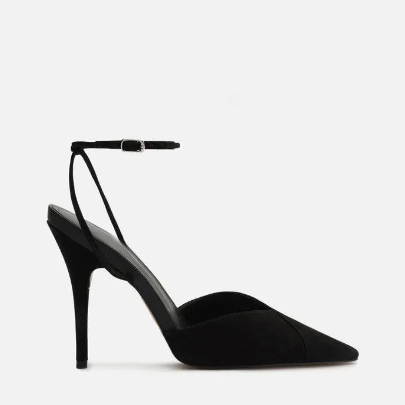 French-Style Pointed Toe Ankle Strap High Heel Shoes - Button Detail