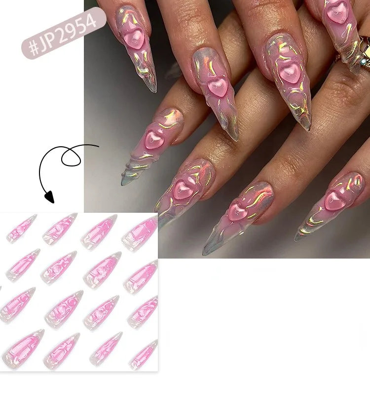 French Style 3D Pink Heart Press-On Nails (24 Pieces)