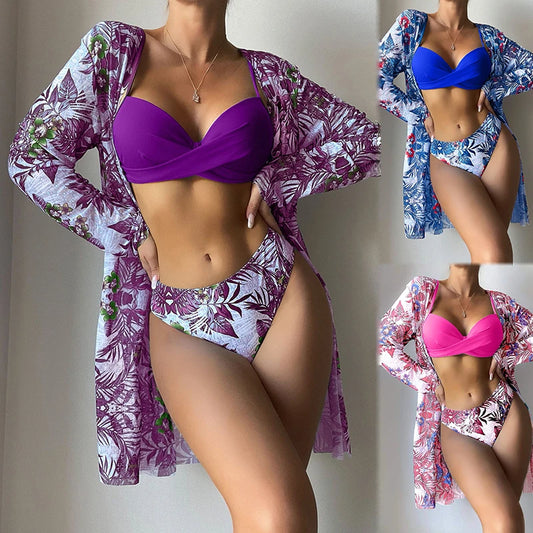 3-Piece Bikini Set with Long Cardigan Cover-Up - Printed Swimwear