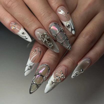 3D Bow French Press-On Nails - Silver Sparkling Diamond Pearl Acrylic Nails