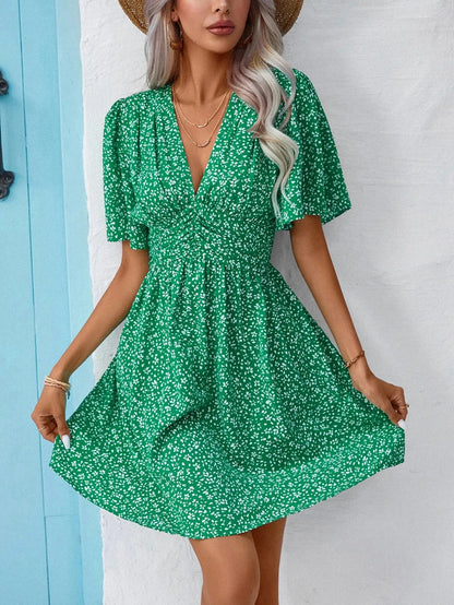 V-Neck Floral Print Pleated Short Sleeve High-Waisted Summer Dress