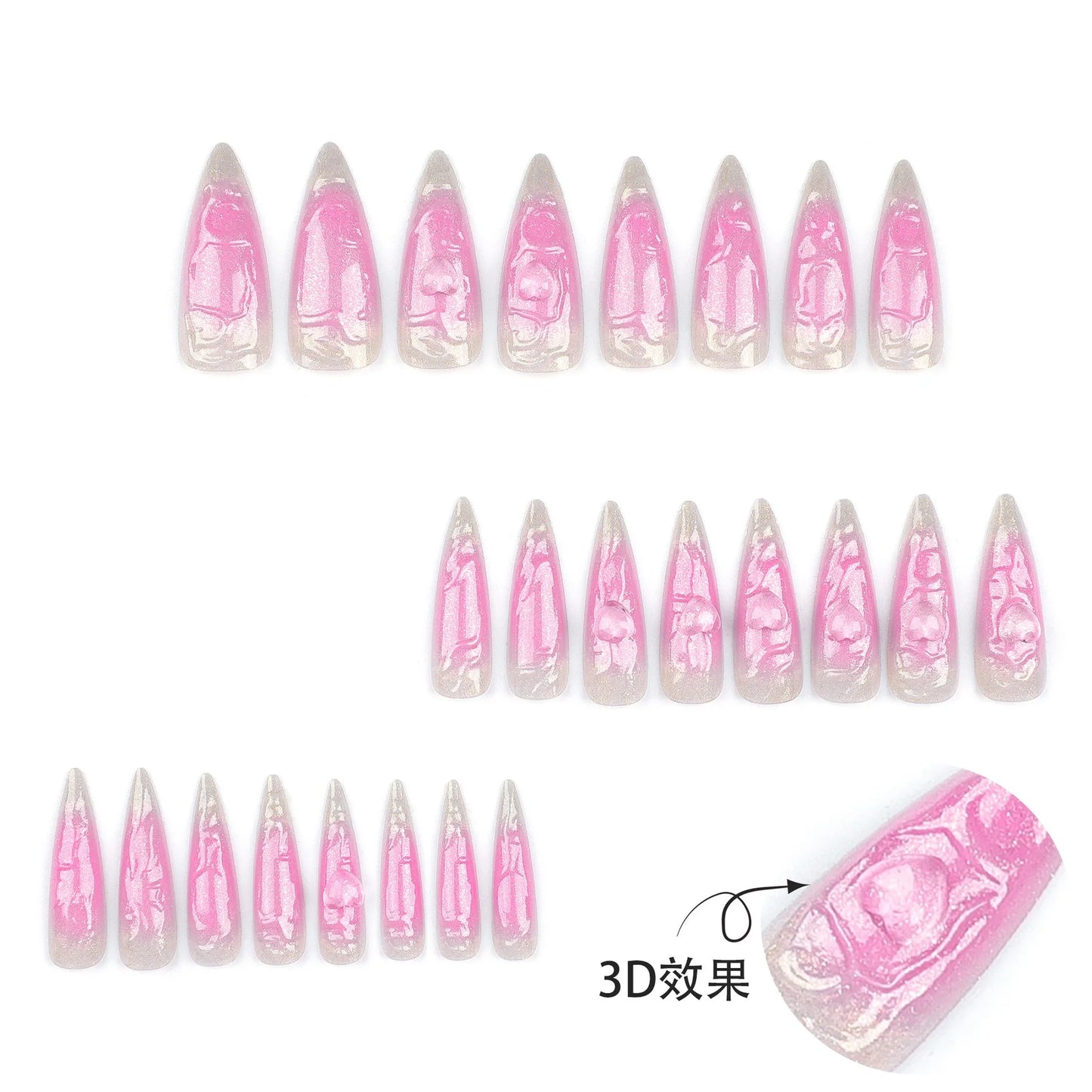 French Style 3D Pink Heart Press-On Nails (24 Pieces)