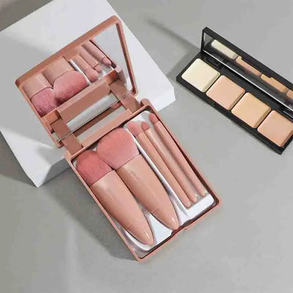 5-Piece Travel Makeup Brush Set with Mirror - Mini Cosmetic Brushes in Compact Case